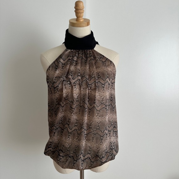 Snakeskin Halter Top Size Small  Black Trim Button Closure Sleeveless Blouse - Picture 1 of 9